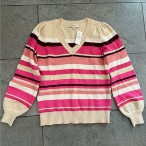 LOFT Cream V-Neck Sweater with Pink & Burgundy Stripes